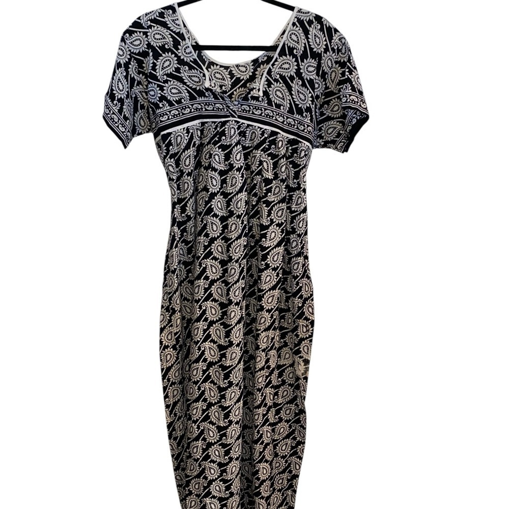 Vtg Handmade Black Tie Back Paisley Maxi Dress Resortwear Boho Coastal Grandma - Picture 6 of 8
